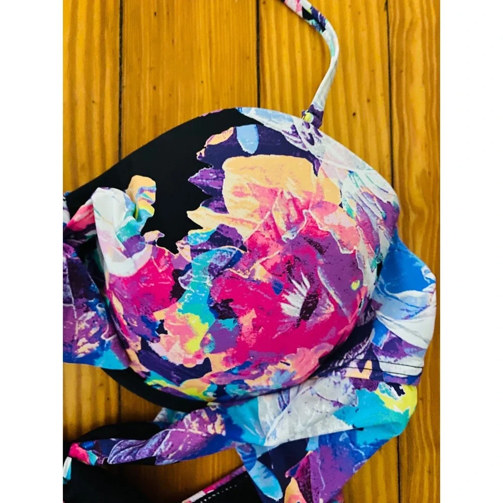 Bar‎ III Womens Floral Monokini Swimsuit Black Pink Blue Cutout Halter XL